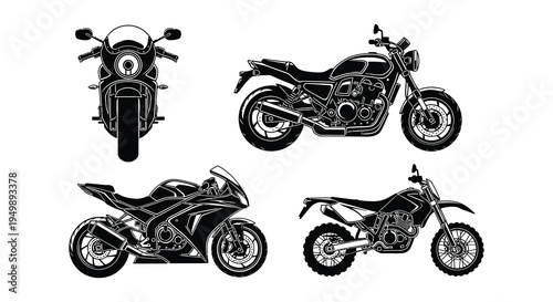 Four distinct motorcycle silhouettes in a black and white graphic