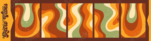 A set of five posters drawn in warm groovy colors.
