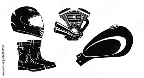 Four distinct motorcycle silhouettes in a black and white graphic