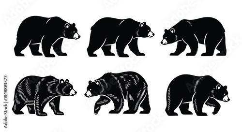 A collection of six black silhouettes depicting various bear poses