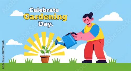 Person watering a potted plant on a sunny day with a blue watering can and yellow vest