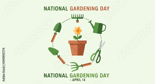 National gardening day illustration with flower pot tools and gardening equipment on green background