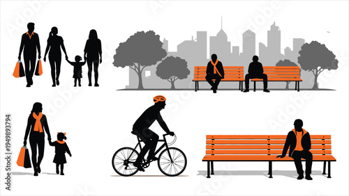 Inclusive Urban Lifestyle Silhouette Set – Diverse City People Activities Vector