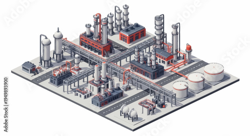 Isometric industrial factory with machinery.