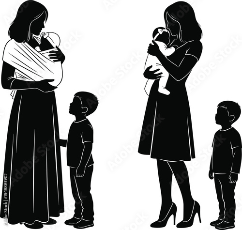 Mother Holding Baby In Sling And Arms With Young Son Silhouette Set For Parenting Maternity Childcare Family Love And Motherhood