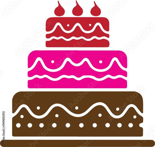 Colorful tiered birthday cake with decorative frosting and candles on top tier