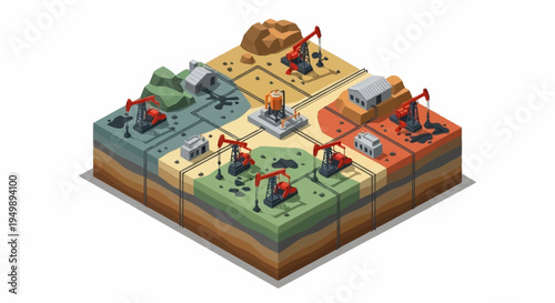 Isometric illustration of industrial mining operations.
