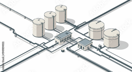 Industrial complex with storage tanks and buildings.