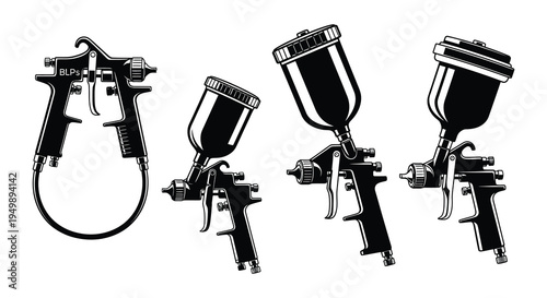 Black and white illustration of various spray paint guns displayed together