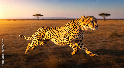 A photograph of a cheetah running at full speed across the African savannah. The image captures a moment of intense speed and grace.