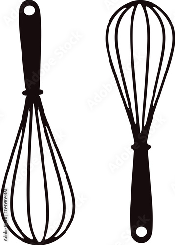 Two different types of kitchen whisks illustrated in black and white.