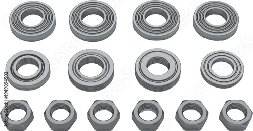 Metal nuts and threaded rings collection industrial mechanical fasteners vector illustration set