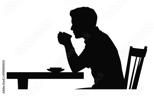Man drinking coffee at desk silhouette, minimalist work and break time icon showing a person seated with coffee mug, business and home office design element