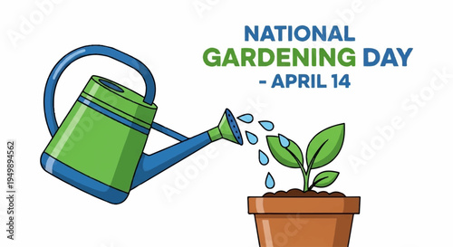 National gardening day illustration with watering can and potted plant on april 14