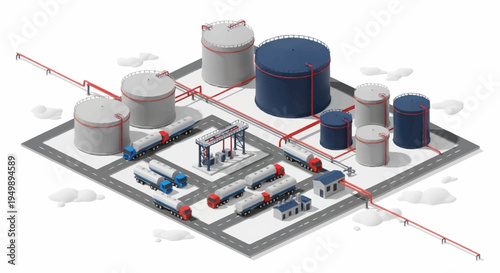Industrial facility with storage tanks and pipelines.