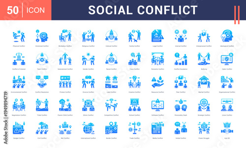 Social Conflict Icon Set. physical, emotional, workplace, religious, cultural and more. Glyph Gradient vector icons collection.