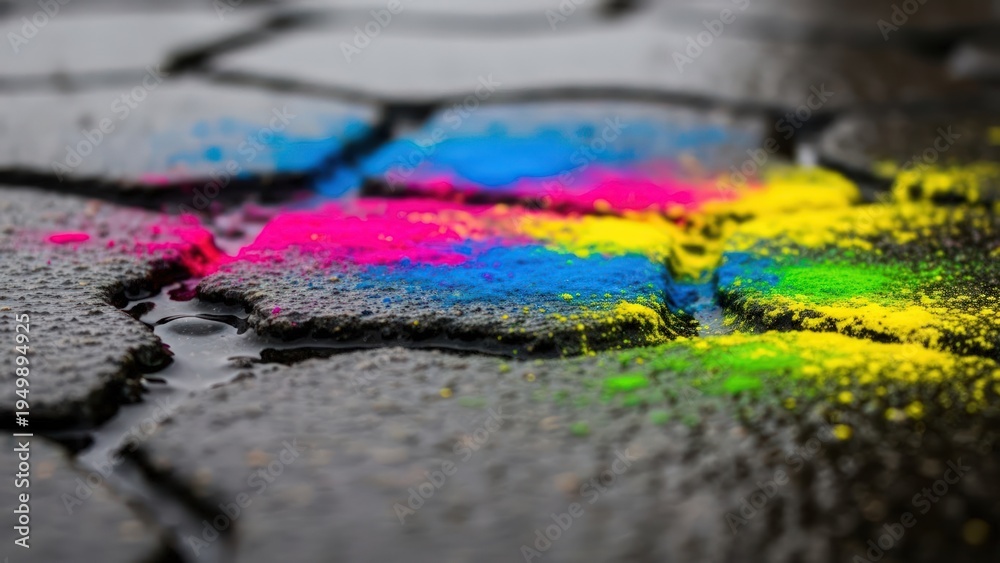 Fototapeta premium Close-up of colorful powder on wet cobblestone street with shallow depth of field