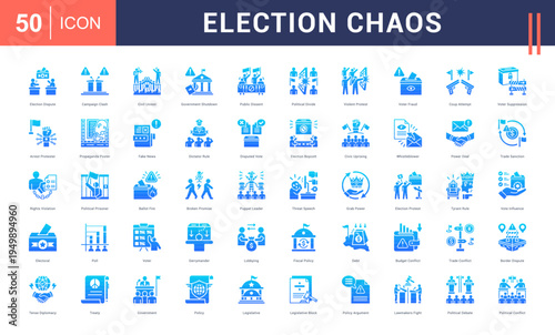 Election Chaos Icon Set. election dispute, campaign clash, civil unrest, government shutdown, public dissent and more. Glyph Gradient vector icons collection.