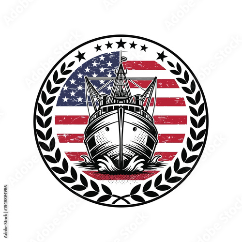American fishing boat emblem with patriotic flag background
