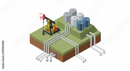 Isometric illustration of oil drilling process.
