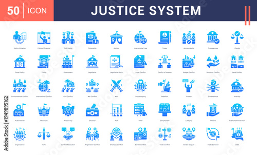 Justice System Icon Set. rights violation, political prisoner, civil rights, citizenship, asylum and more. Glyph Gradient vector icons collection.