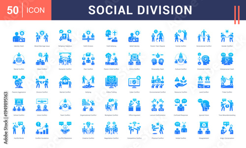 Social Division Icon Set. identity clash, mixed marriage issue, religious rejection, faith division, faith bullying and more. Glyph Gradient vector icons collection.
