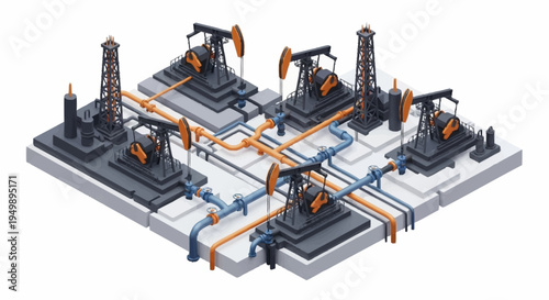 An illustration of an industrial oil and gas production facility with pumpjacks.