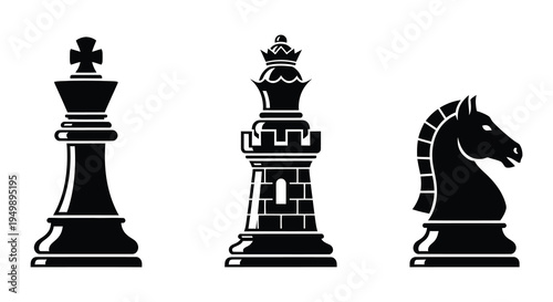 Black chess pieces king queen rook and knight silhouettes