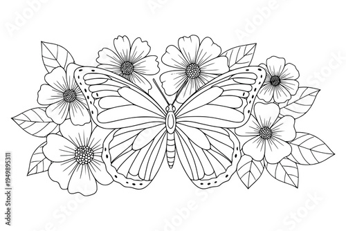 Butterflies and Flowers Garden Vector Illustration Outline for Coloring Book
