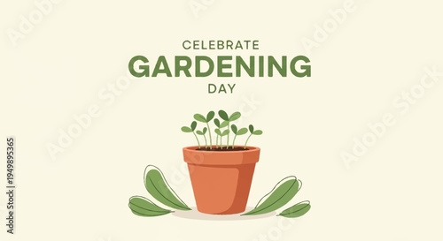 Celebrate gardening day with a small potted plant and green leaves on a light background