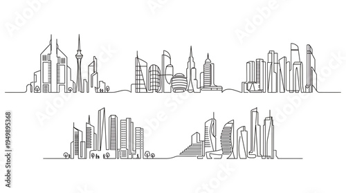 Continuous one line drawing of modern city skyline with skyscrapers and urban architectural silhouettes on white background, symbolizing metropolitan growth or corporate expansion