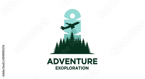 Adventure Exploration Logo with Airplane and Forest Silhouette.