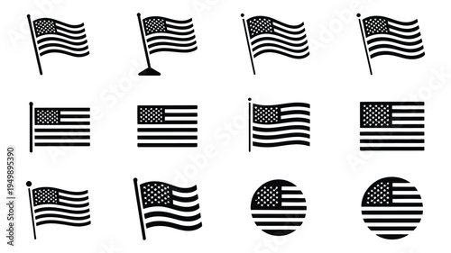 Black American Independence Day icons, flags and symbols on white background, patriotic emblems for Juneteenth celebration,
