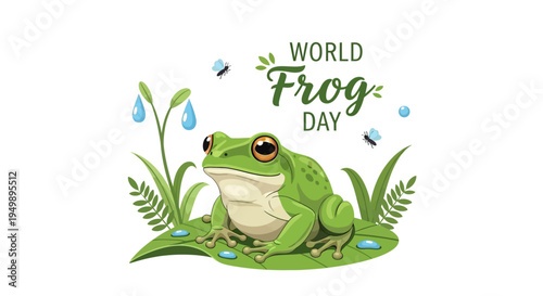 Illustration of a green frog sitting on a lily pad with World Frog Day text and water droplets in a natural setting with plants and insects.