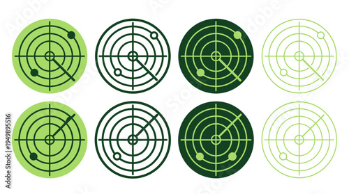 Collection of green circular radar screen icons with scanning lines and target dots in minimalist outline styles on white background, symbolizing military navigation and aviation tracking