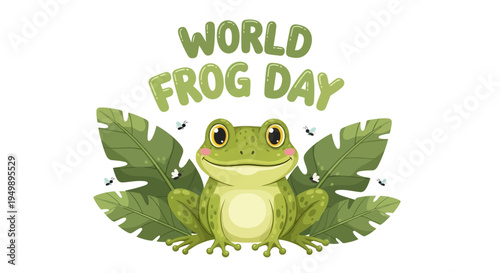 Illustration of a green frog sitting on leaves with 'World Frog Day' text in a playful, conservation awareness design.