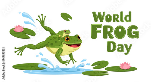 Vector illustration of a jumping green frog on water lilies with pink flowers for World Frog Day, promoting amphibian conservation awareness with a playful design.