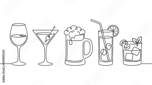 Continuous line drawing of various drink glasses including wine martini beer mug and refreshing cocktails on white background, symbolizing restaurant menu design and nightlife hospitality branding