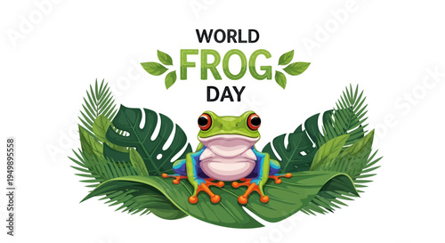 Illustration of a green frog sitting on tropical leaves with 'World Frog Day' text in a natural design for conservation awareness.