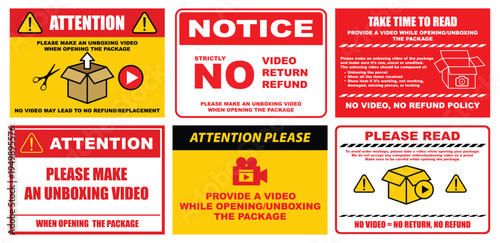 No Video No Refund Policy Warning Sign Set. Collection of bold warning notice templates about unboxing video requirements and no refund policy. Red and yellow attention signs with fragile symbols,  
