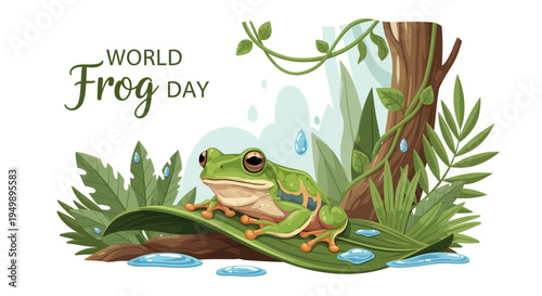 Vector illustration of a green frog on a leaf with foliage and water droplets for World Frog Day, promoting amphibian conservation awareness with a natural and earthy mood.
