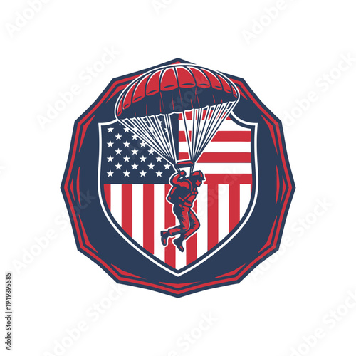 Parachuter on american shield emblem with red blue and white colors