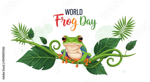 A colorful illustration of a frog sitting on a vine with leaves for World Frog Day, promoting amphibian conservation awareness with a natural and educational design.