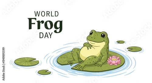 Illustration of a green frog sitting on a lily pad with a pink flower, surrounded by ripples and lily pads, promoting World Frog Day conservation awareness with a playful and eco-friendly
