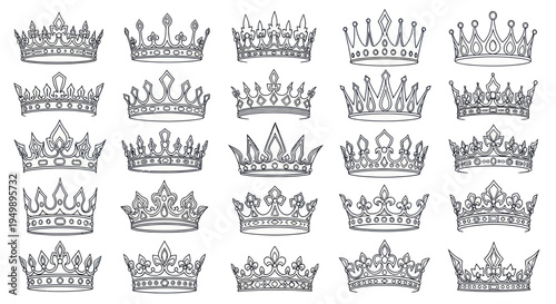Collection of Hand-Drawn Royal Crowns Icons - Vintage Royalty Symbols
