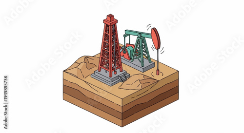 Oil pumpjack and derrick on a block.