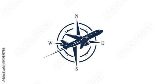 Airplane Flying Over Compass Rose Symbolizing Travel.
