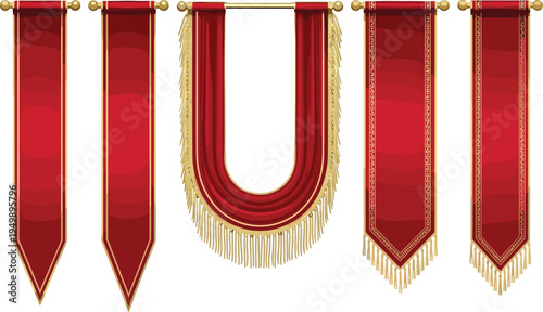Royal red hanging banners collection medieval decorative fabric flags with gold fringe vector illustration