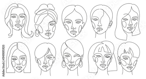 Collection of Diverse Female Faces Drawn with Dots.