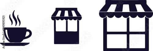Illustrations of a coffee cup and two types of small shop fronts with awnings
